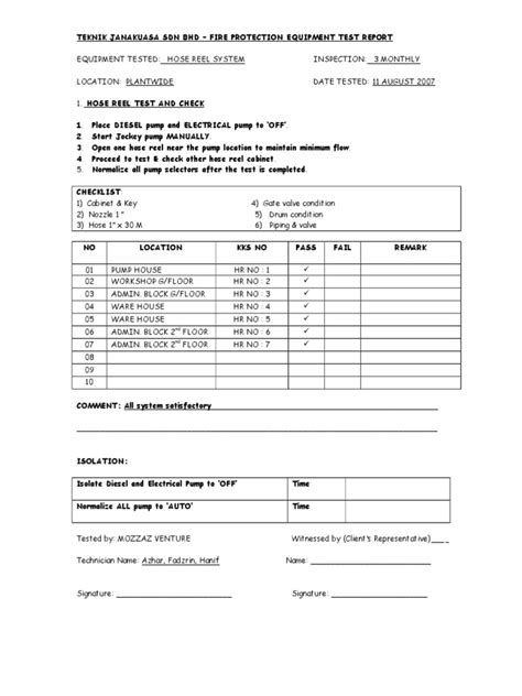 Fire Hose Reel Inspection Checklist