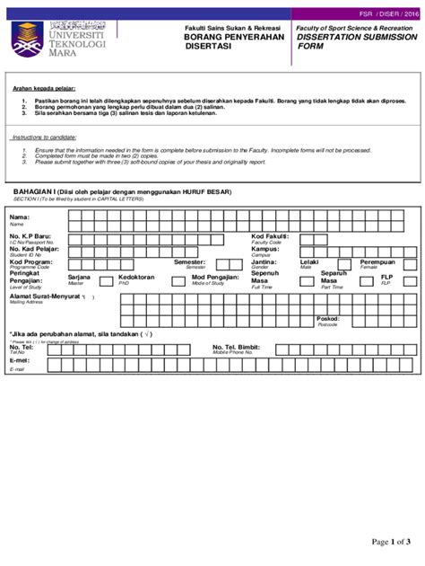 Fillable Online Borang Penyerahan Disertasi Dissertation Submission Form Fax Email Print Pdffiller