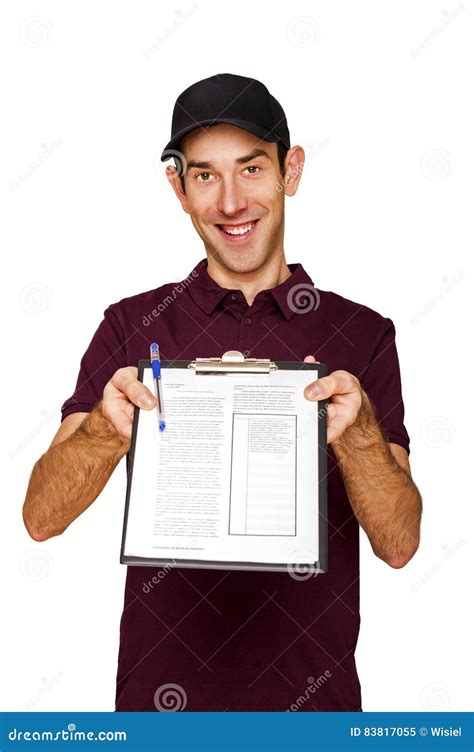 Delivery Man With Clipboard Isolated Over White Background Stock Image