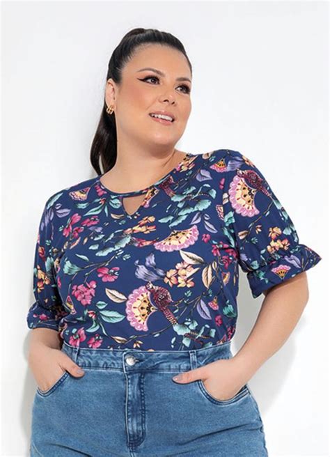 Blusa Floral Azul Mangas Franzidas Plus Size Marguerite