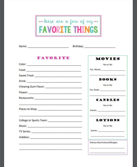 Free Printable My Favorite Things List