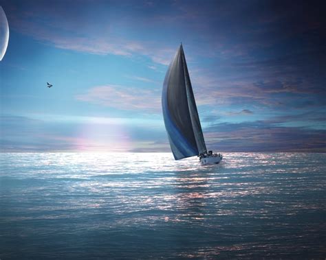 Wallpaper Sailing Moon Birds Sea 1920x1080 Full HD 2K Picture Image