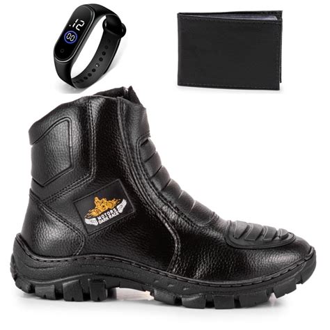 Kit Bota Em Couro Para Motociclista Dark Race Relogio B Sico E Carteira