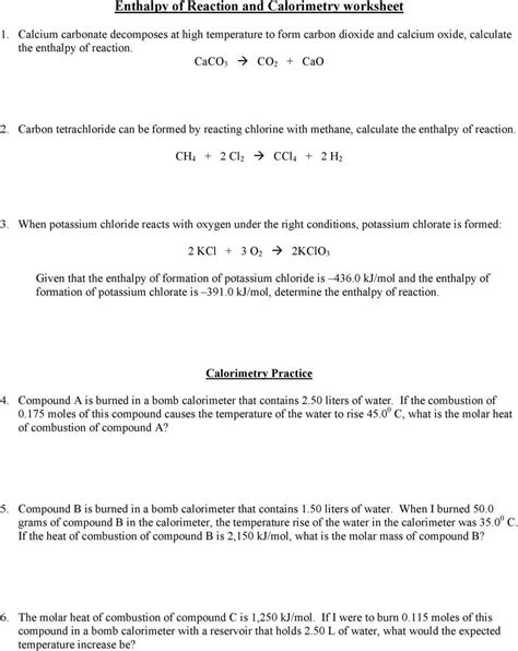 Enthalpy Calculations Worksheet