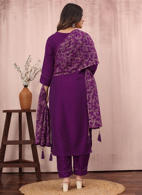 Buy Purple Embroidered Chinon Readymade Salwar Kameez Pant Style Suit