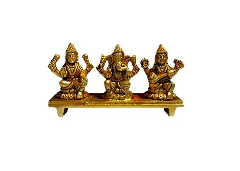 Laxmi Ganesh Saraswati Statue In Brass With Platform Antique Table