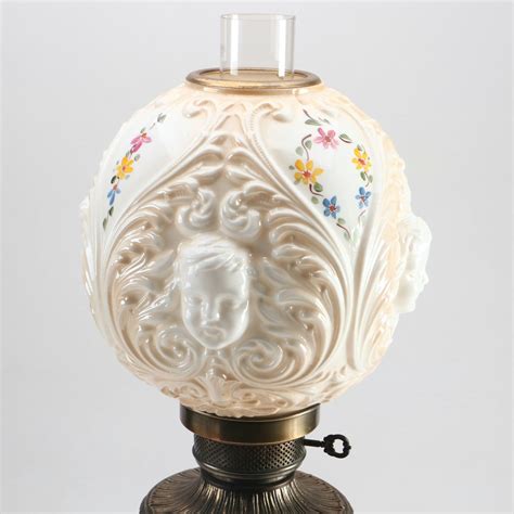 Victorian Embossed Brass Parlor Lamp With Painted Milk Glass Globe Shade Ebth