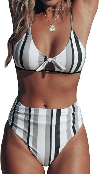 Amazon CUPSHE Women S Stripe Bikini Bowknot Shirred Swimsuit