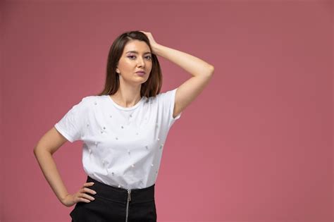 Free Photo Front View Young Female In White Shirt Simply Posing On