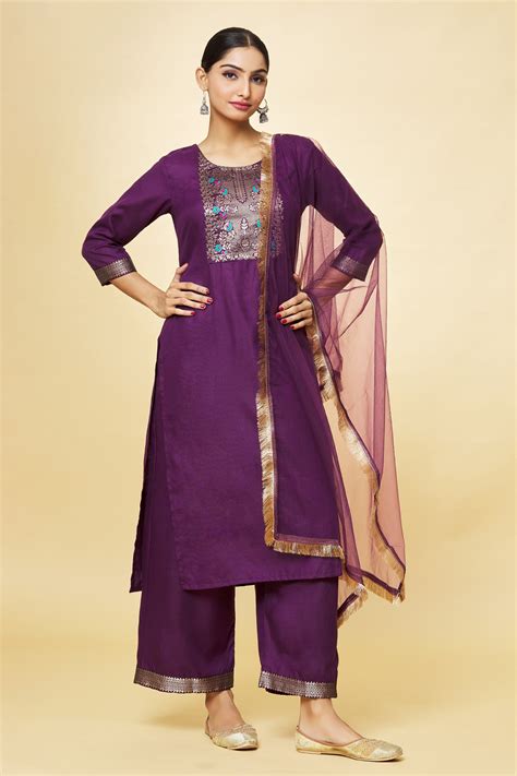 Buy Purple Kurta And Pant Cotton Blend Woven Leaf Round Yoke Set For