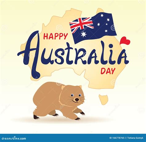 Happy Australia Day Lettering Greeting Card With Cartoon Wombat Flag