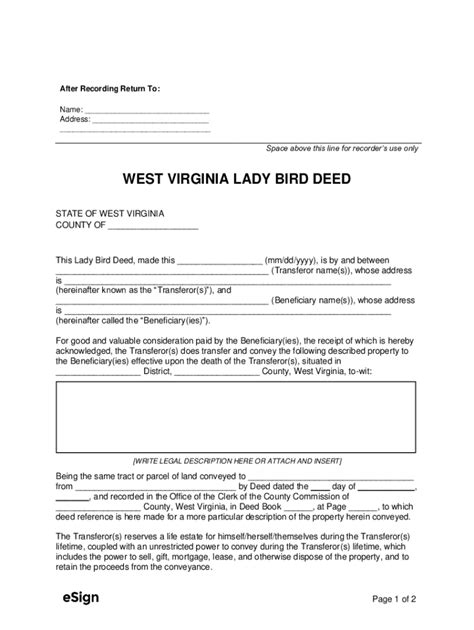 Fillable Online Free West Virginia Lady Bird Deed Form Pdfword