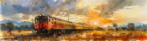 A Watercolor Painting of a Train Passing through a Field at Sunset ...