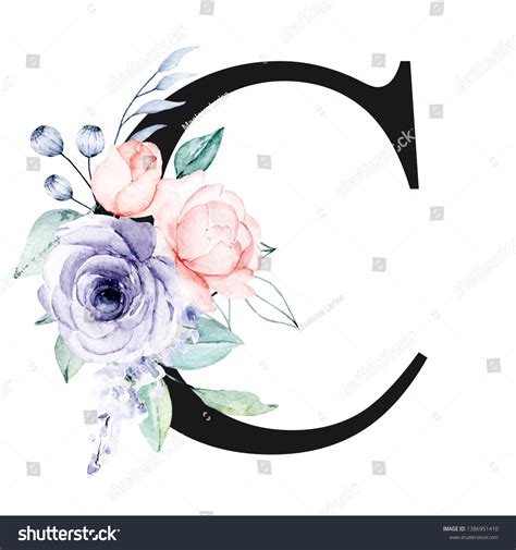 Floral Alphabet Letter C Watercolor Flowers Ilustrações Stock