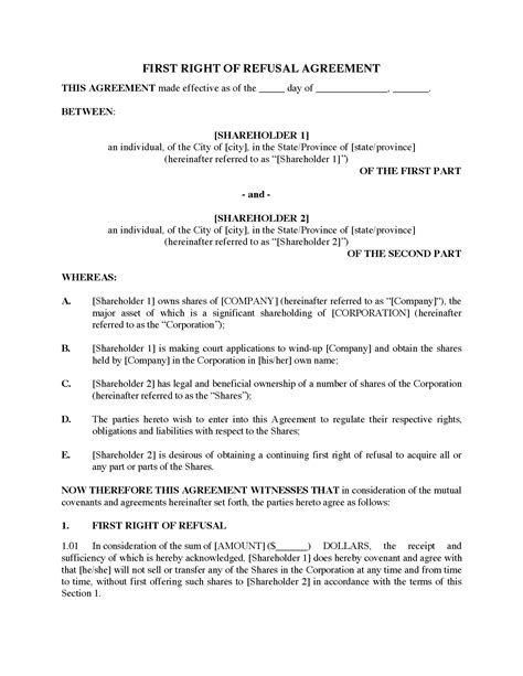 First Right Of Refusal Contract Template Right Of First Refusal