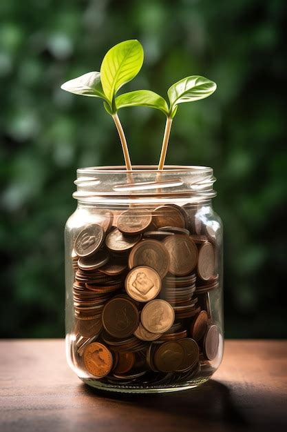 Un Frasco De Monedas Con Una Planta Que Crece Fuera De L Foto Premium