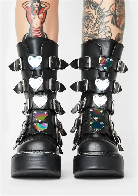 Demonia Matte Leather Oil Slick Iridescent Heart Holographic Buckle