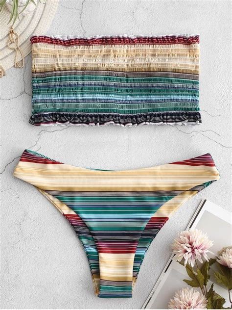 Frilled Colorful Striped Smocked Bikini Set Frilled Colorful Striped