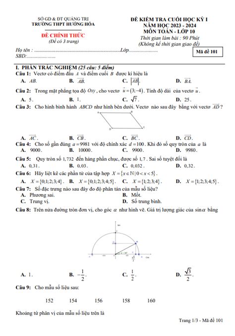 Đề học kì 1 Toán 10 năm 2023 2024 trường THPT Thủ Đức TP HCM