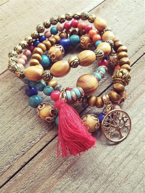 4 Stretch Multi Color Vintage Boho Wood Beaded Bracelet Tassel Bracelet