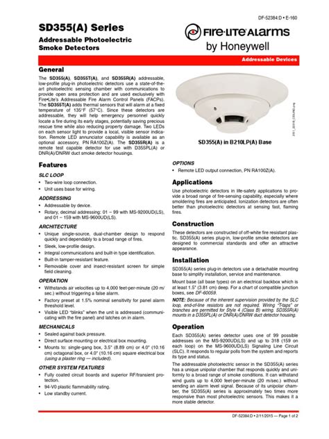 Df 52384 Sd355 A Series Addressable Photoelectric Smoke Detectors Datasheet Pdf Electrical