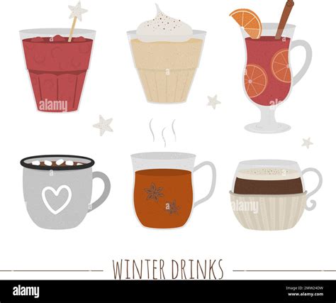 Set Of Winter Traditional Drinks Holiday Hot Beverage Collection Vector Illustration Of Cocoa
