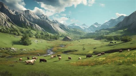 Premium Photo | A peaceful valley with grazing animals and green