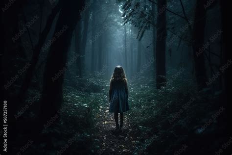 little girl walking In the dark mystery forest, back view. seemingly ...