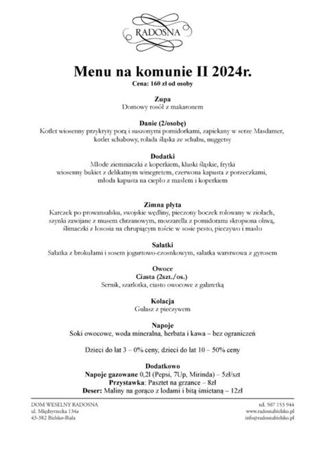 Menu Na Komunie R Ii Z Dom Weselny Radosna Bielsko Bia A