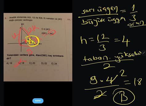 9 Analitik Düzlemde A 0 12 Ile B 9 0 Noktaları Ve [ac] Doğru