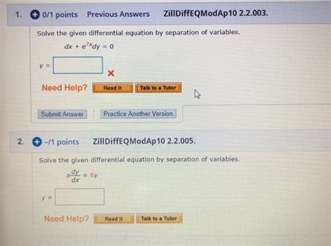 Solved 1 0 1 Points Previous Answers ZillDiffEQModAp 10 Chegg