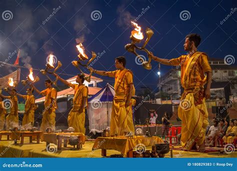 hindu priests perform  holy ganga aarti ceremony rituals  varanasi