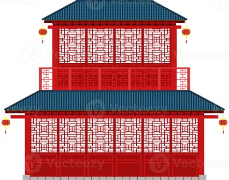 Chinese 2 Storey House Red White And Blue Rooftop Color Style 10946178 Png