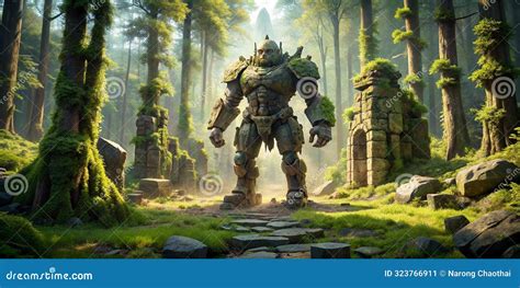 Giant Stone Golem Among Ancient Stone Ruins In A Forest Fantasy Concept