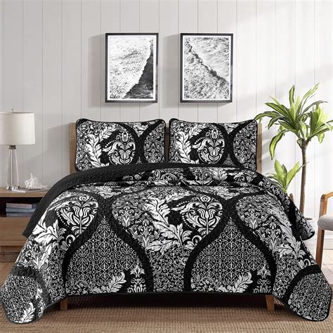 DJY Black Quilt Set King Size Boho Damask Bedspread Coverlet Set Soft