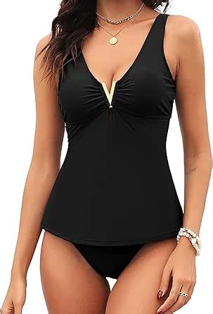 Amazon ZAFUL Women S Tummy Control Tankini Swimsuits V Neck Ruched High Waisted Bikini Sets