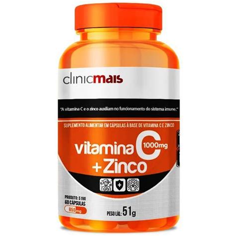 Vitamina C 1000mg Zinco 29 5mg Clinic Mais 60 Cápsulas CHÁ MAIS