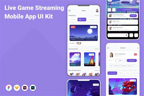 实时游戏流媒体移动应用 App UI Kit FIG PSD SKETCH XD 云瑞设计