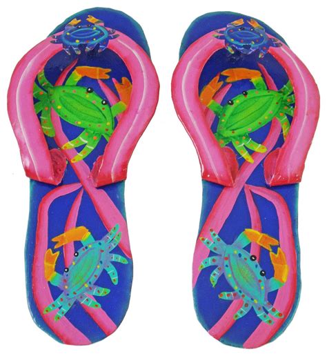 Tropical Beach Blue Flip Flop Crabs Haitian Wall Decor Pair Beach