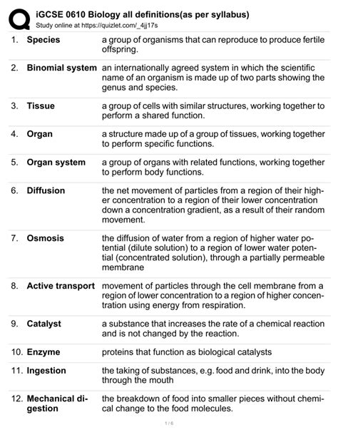 IGCSE Biology Definitions Key Terms For 0610 Syllabus