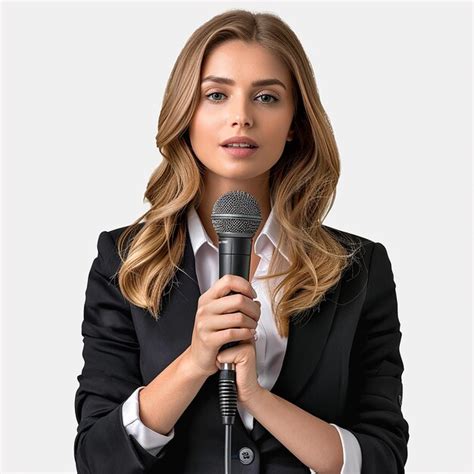 A Woman With A Microphone In Her Hand Is Holding A Microphone Premium