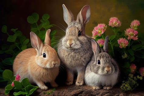 Premium AI Image | Three Cute Little Rabbits Sitting in Flowers and ...