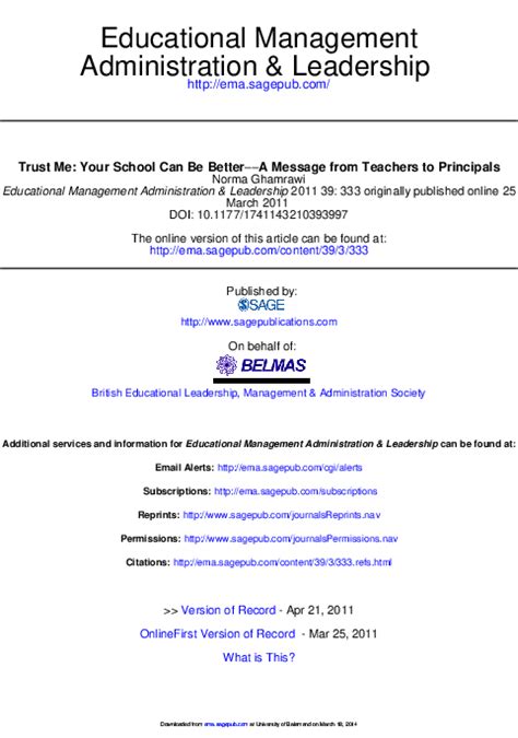 Pdf Administration And Leadership Educational Management A Message From Teachers To Principals −