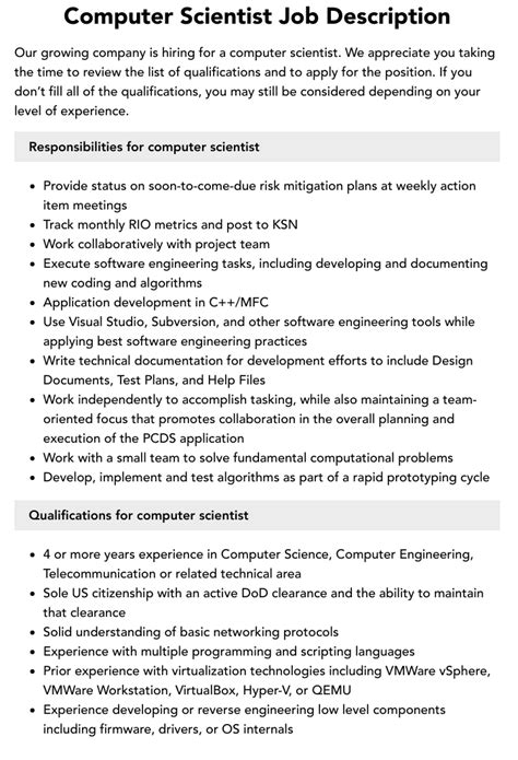 Computer Scientist Job Description Velvet Jobs