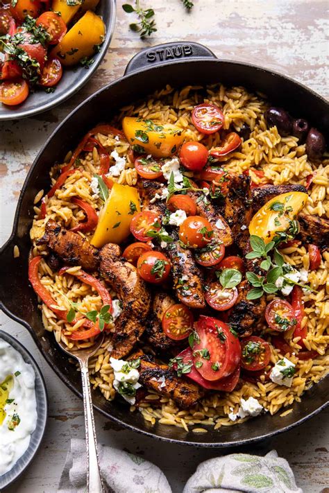 One Skillet Greek Chicken And Orzo With Tomatoes Feta And Tzatziki