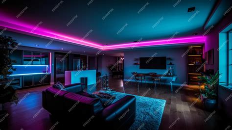 A living room with a purple led strip lighting. | Premium AI-generated image