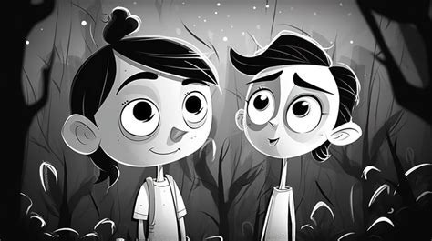 Dark Wood Background Two Cartoon Characters Stand In The Woods A ...