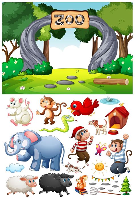 Zoo scene with isolated cartoon character and objects 1868411 Vector ...