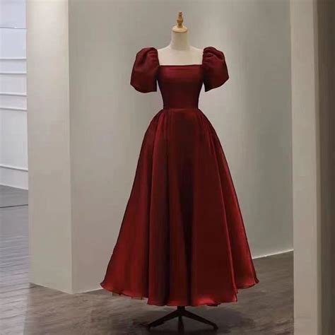 Red Party Dress Puff Sleeve Evening Dress Satin Long Prom Dress