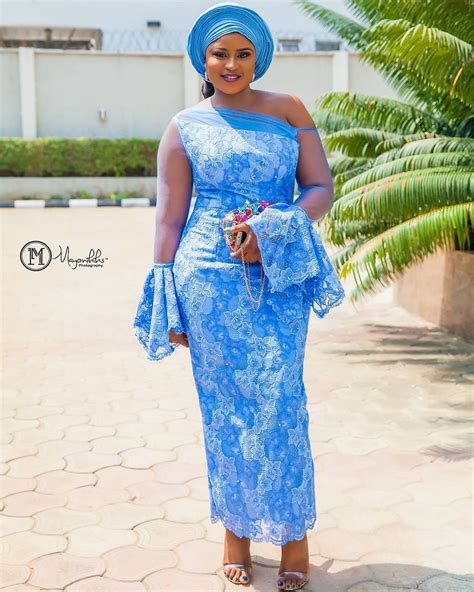 Beautiful Blue Aso Ebi Colour Trending This Month Long Sleeve Lace